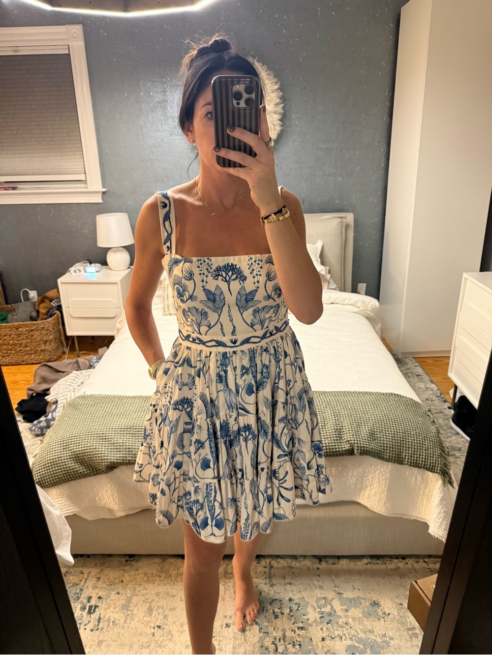 Agua by Agua Bendita White Dress with Blue Floral Print